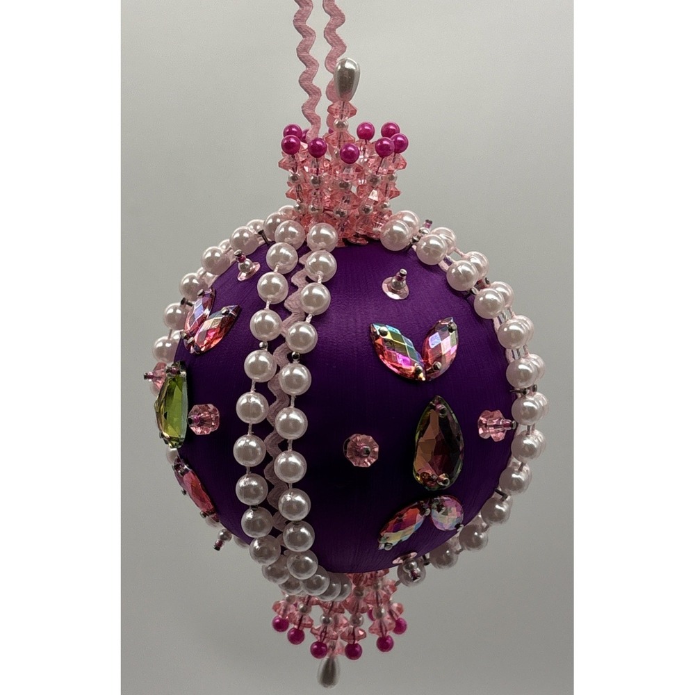 VINTAGE PUSH PIN ORNAMENT SEQUIN BEADED ORNATE CHRISTMAS TREE HANDMADE X3 Purple - Picture 12 of 16